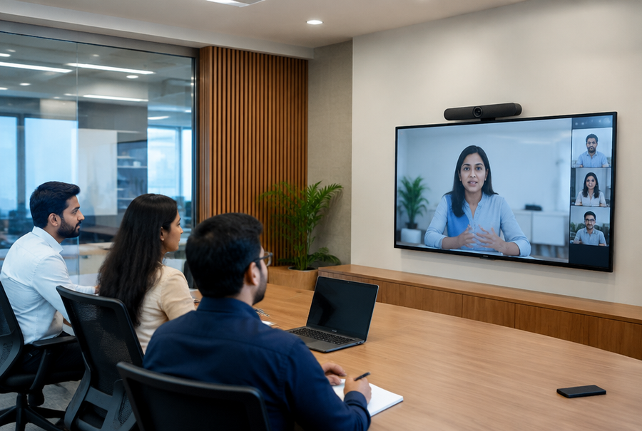 Professional video conferencing integration in India showing a meeting room with display and camera