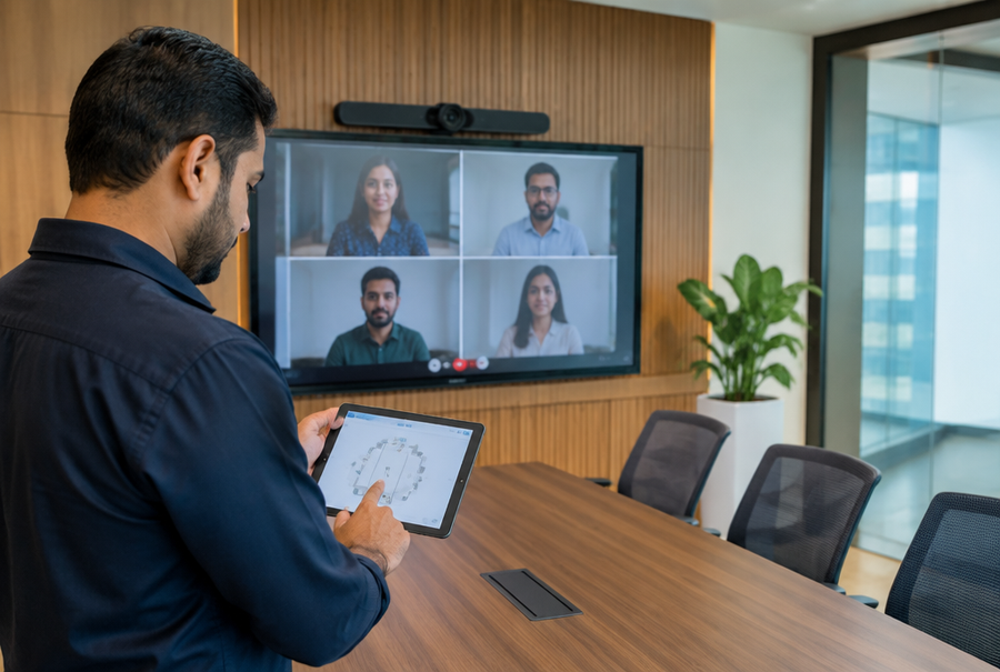 AV consultant planning a video conferencing room camera and microphone layout on a tablet in India