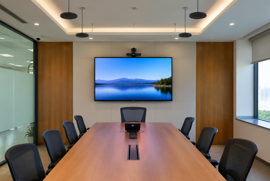 Fully equipped video conferencing room in India with display, camera, and microphone system