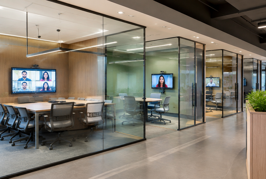 Range of video conferencing room types in India from huddle spaces to large boardrooms