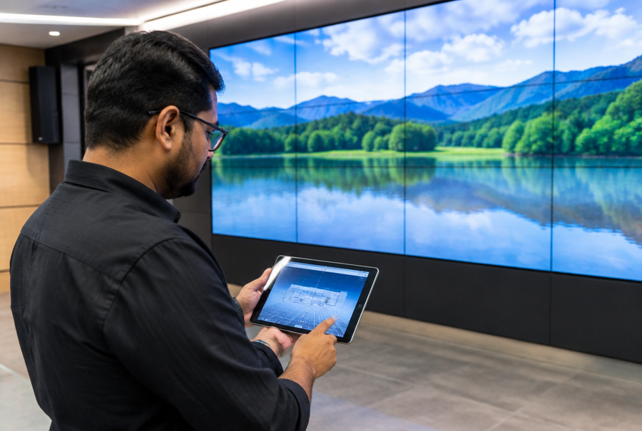 AV engineer planning a video wall configuration and viewing distance layout on a tablet in India