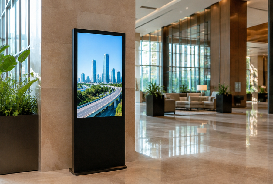 Digital wayfinding signage display in India mounted in a large building lobby for visitor navigation