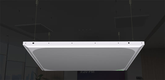 Yealink CM50 Dante beamforming ceiling microphone panel suspended on cables from a conference room ceiling, India