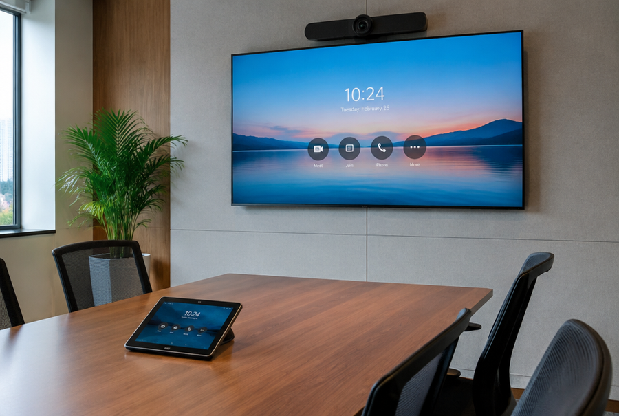 Certified Zoom Rooms setup in India with a display, camera, and touch controller for video calls